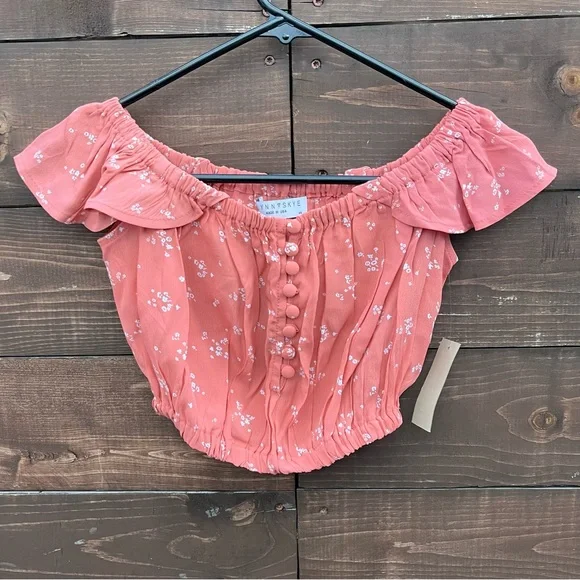 Flynn Skye Tori Ruffle Sleeve Crop Top Pink Floral - Picture 5 of 6